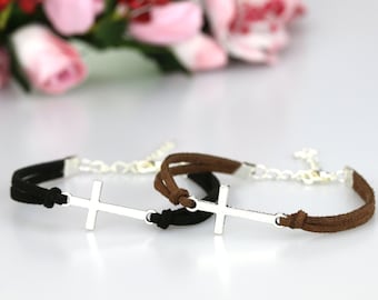 Couple cross bracelets Horizontal cross Friendship bracelets suede cord Husband wife gifts Christianity jewelry Confirmation bracelets