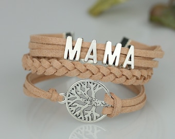 Mama bracelet silver Mothers day gift from daughter Family tree bracelet Mother bracelet leather Mama jewelry Gift for mom Made in Canada