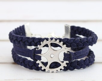 Gear charm bracelet Steampunk jewelry Cogwheel charm Braided suede bands Cycling gear Bike sprocket Gift for cyclist Friendship bracelet