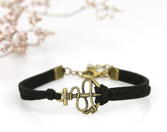 Bronze anchor charm bracelet Stacking band Nautical jewelry Gift for friends Under 5 dollars Black anchor with rope bracelet Soft suede cord