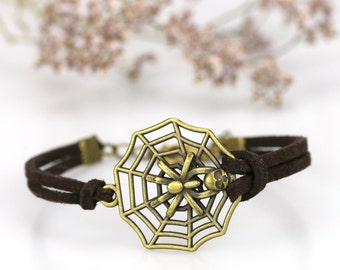 Bronze spider bracelet Spiderweb charm Spider net Cute teens spooky jewelry Halloween costume Gift for friends Gothic layering bracelet