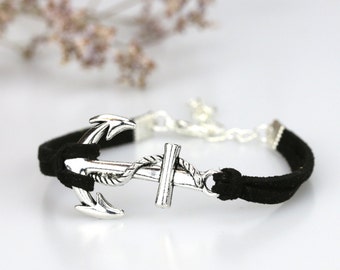 Big anchor charm bracelet Silver anchor rope jewelry Beach theme gift Black suede cord Sailor bracelet For her For him Maritime jewellery