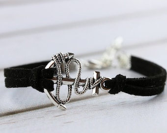 Friendship anchor bracelet women Silver nautical bracelet Anchor beach jewelry Suede cord bracelet Anchor with ropes bracelet 40 colors