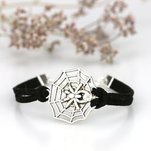 Spider charm bracelet Antique silver Spider web bangle Goth jewelry Teen boys girls gift Cobweb jewelry Friendship bracelet Faux suede cord image 1