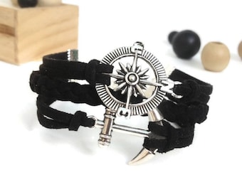 Compass bracelet Anchor bracelet Black bracelet Nautical cord bracelet Antique silver charm Black suede bracelet Friendship bracelet