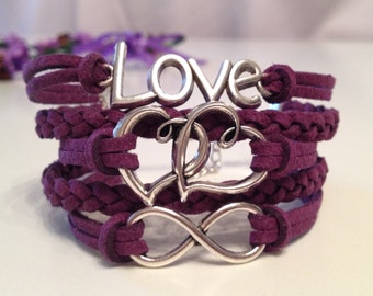 Love bracelet Hearts bracelet Infinity bracelet Purple bracelet Charm Bracelet Antique Silver charm Friendship bracelet Leather bracelet