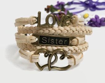 Love sister hearts bracelet Bronze charms Beige cord bracelet Brass double hearts bracelet Bronze sister bracelet Bronze love bracelet