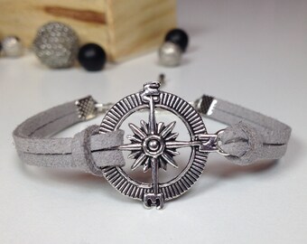 Silver marine compass bracelet 24 colors compass suede cord bracelet Antique silver compass charm bracelet Nautical compass bracelet unisex