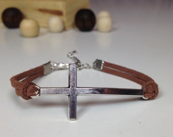 Silver sideways cross bracelet Antique silver cross charm bracelet Cross jewelry Spiritual bracelet Horizontal cross bracelet Faith bracelet
