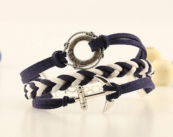Anchor Life ring bracelet Life preserver ring Coastal bracelet Navy blue and white Boating bracelet Navy striped Coastal wedding jewelry