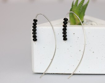 Half hoop earrings Minimal wire threaders Silver black earrings Beaded wire jewelry Crystal dangle earrings for party Nickel silver wire