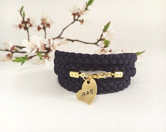 Initial heart bracelet Anniversary heart bracelet Personalized heart charm Hand stamped heart bracelet Couple initial Braided suede bracelet