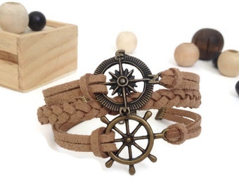 Compass bracelet Wheel bracelet Brown yellow bracelet Nautical cord bracelet Antique bronze charm Brown suede bracelet Friendship bracelet