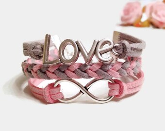 Eternity love bracelet Love bracelet Infinity bracelet Light Pink Grey Bracelet Antique Silver Charms Friendship bracelet Leather bracelet