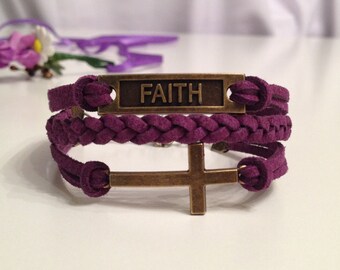 Faith bracelet  Cross bracelet Purple Bracelet Charm Bracelet Antique Bronze Charms Bracelet Friendship bracelet Leather bracelet
