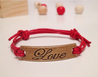 Love Leather Adjustable Bracelet - Double Sided Stamped Bar Bronze Color - Black, Red, Blue, Green, Dark Brown Leather Cord Bracelet
