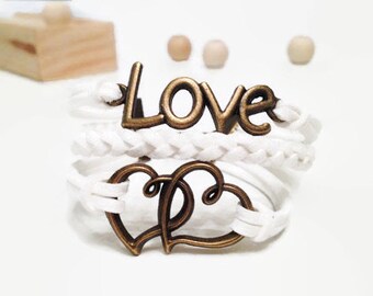 Love bracelet Hearts bracelet White Color Cord Bracelet Antique Bronze Charms Friendship bracelet Leather bracelet