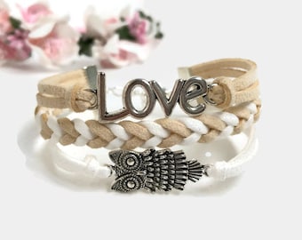 Love owl bracelet Beige brown white bracelet Silver owl bracelet Silver love bracelet Light brown bracelet White owl bracelet for women