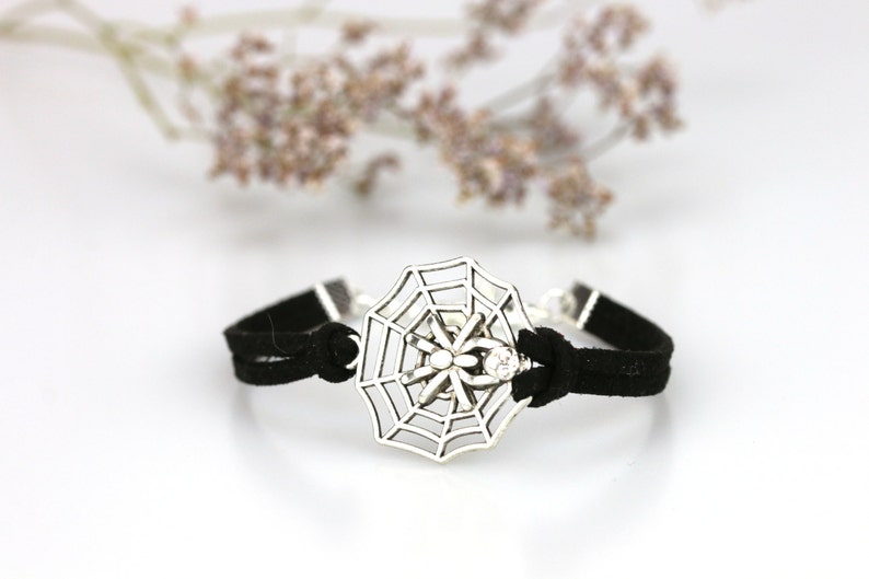 Spider charm bracelet Antique silver Spider web bangle Goth jewelry Teen boys girls gift Cobweb jewelry Friendship bracelet Faux suede cord image 1