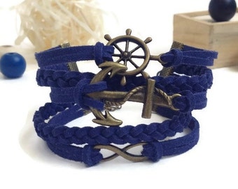 Wheel Anchor Infinity bracelet Summer anchor bracelet Navy blue bronze bracelet Blue suede bracelet Nautical sailor bracelet Marine bracelet