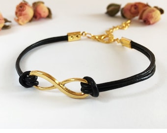 Infinity charm bracelet Infinity leather cord bracelet Golden infinity bracelet Black leather cord bracelet Simple infinity bracelet for her