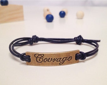 Courage Leather Adjustable Bracelet - Double Sided Stamped Bar Bronze Color - Black, Red, Blue, Green, Dark Brown Leather Cord Bracelet