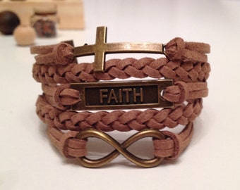 Cross bracelet Faith bracelet Infinity  bracelet  Light Brown bracelet Charm Bracelet Bronze charm Friendship bracelet Leather bracelet