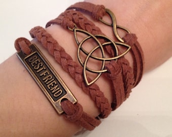 Infinity bracelet Celtic Triangle Bracelet Best friend bracelet Triquetra charm Chocolate Brown suede cord Charm bracelet antique bronze