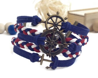 Wheel Compass Anchor bracelet Summer compass bracelet Navy blue red white bracelet Bronze compass bracelet Sea marine sailor bracelet