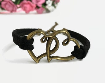 Double heart bracelet Bronze hearts cord bracelet Love heart bracelet Gift for girlfriend Gift for couple Love bracelet Valentines bracelet