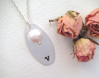 Hand stamped initial pearl necklace Sterling silver chain Engraved oval necklace Personalized ID necklace Engraved women initial necklace