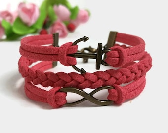 Anchor infinity bracelet Nautical anchor bracelet Friendship anchor bracelet Coral red bracelet Anchor jewelry Valentine gift Beach bracelet