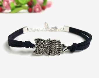 Owl bracelet Friendship bracelet owl charm Wise owl bracelet Suede cord bracelet Silver owl jewelry Owl lover bracelet Gift for women