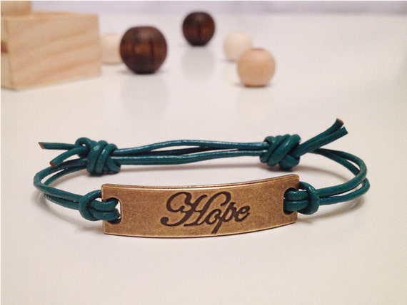 Hope Leather Adjustable Bracelet - Double Sided Stamped Bar Bronze Color - Black, Red, Blue, Green, Dark Brown Leather Cord Bracelet