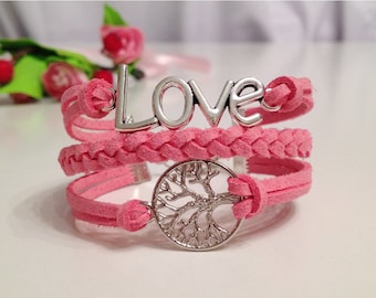 Love bracelet  Tree of Life bracelet Pink Bracelet Charm Bracelet Antique Silver Charms Bracelet Friendship bracelet Leather bracelet