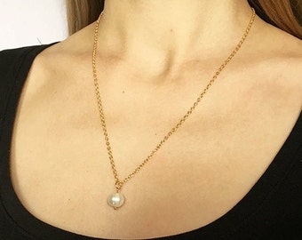 Single pearl necklace gold filled chain Freshwater pearl necklace June birthstone necklace White pearl beaded necklace Simple pearl necklace