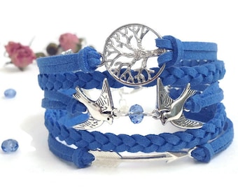 Family tree bracelet Bird bracelet Arrow bracelet Blue suede bracelet Tree of life bracelet Summer trending gifts Friendship suede bracelet