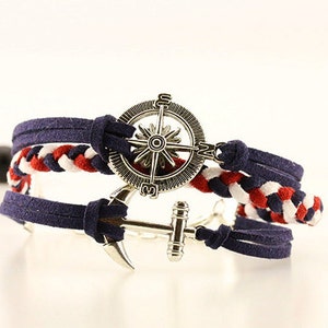 Rote Marine weiß Armband 3 geschichtete Armband Maritime Armband Männer nautische Armband rot blau weiß Flechten Frauen Kompass Anker Armband