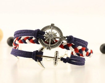Red navy white bracelet 3 layered bracelet Maritime bracelet Men nautical bracelet Red blue white braiding Women compass anchor bracelet