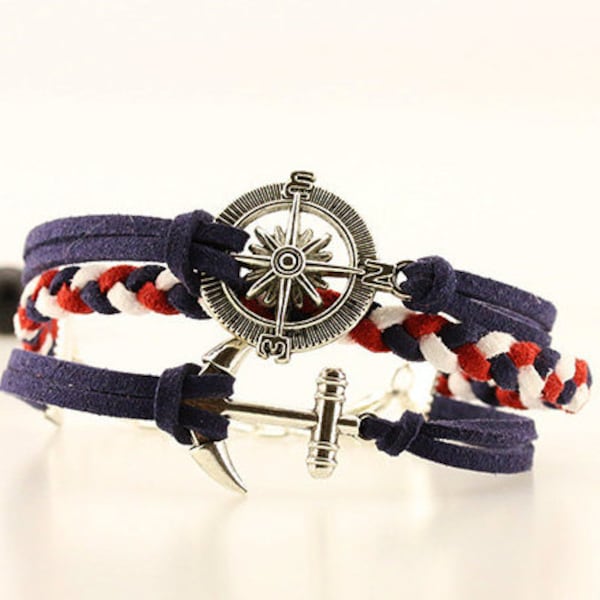 Red navy white bracelet 3 layered bracelet Maritime bracelet Men nautical bracelet Red blue white braiding Women compass anchor bracelet