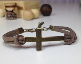 Bronze sideways cross bracelet 24 colors cord Christian cross bracelet Cross charm bracelet Sideways cross suede bracelet Religious bracelet