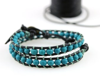 Teal double wrap bracelet Wooden beads Teal beaded bracelet Wood leather bracelet Summer wrap bracelet for women Teal black jewelry for her