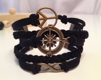 Peace bracelet Compass bracelet Infinity  bracelet Black bracelet Charm Bracelet Bronze charm Friendship bracelet Leather bracelet