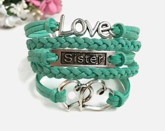 Two hearts Sister Love bracelet Silver charms Green mint cord bracelet Silver two heart bracelet Silver sister bracelet Silver love bracelet