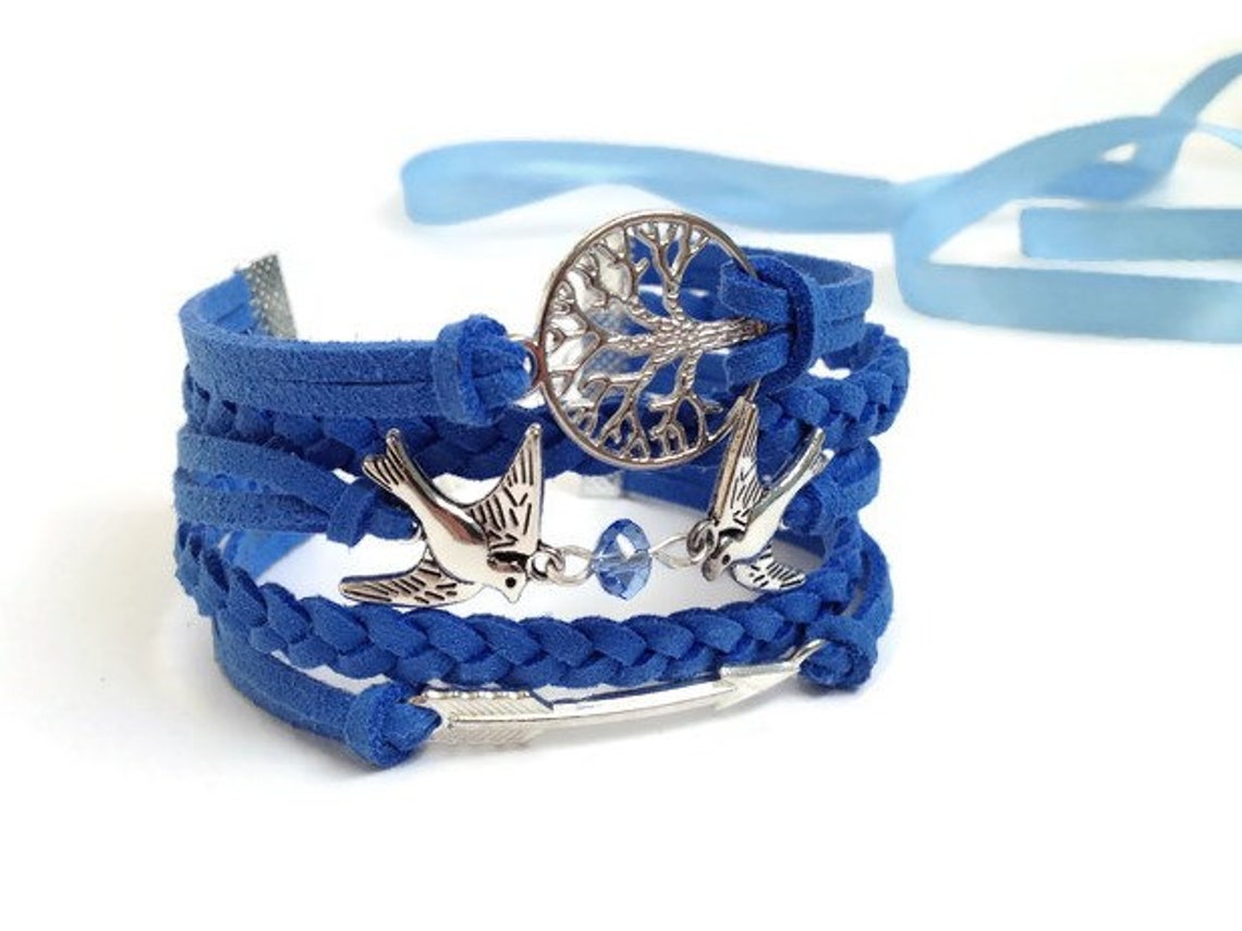 Family Tree Bracelet Bird Bracelet Arrow Bracelet Blue Suede Etsy