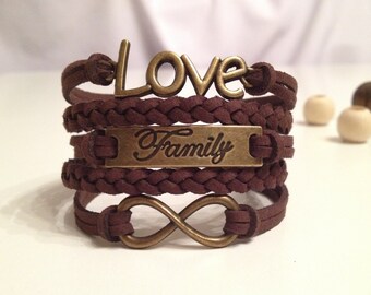 Love bracelet Family bracelet Infinity bracelet Dark Brown Charm Bracelet  Antique Bronze Silver Charm Friendship bracelet Leather bracelet