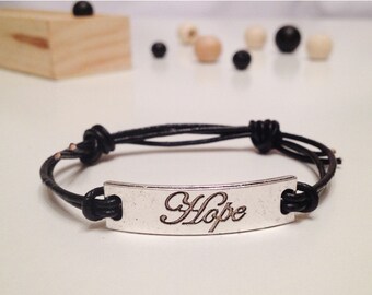 Hope Leather Adjustable Bracelet - Double Sided Stamped Bar Silver Color - Black, Red, Blue, Green, Dark Brown Leather Cord Bracelet