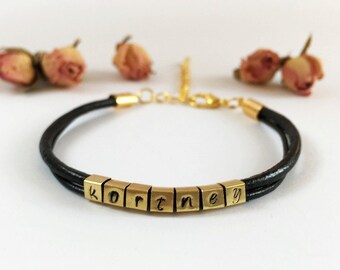 Hand stamped name letters bracelet Unique personalized bracelet Custom leather cord bracelet black and gold Personalize name jewelry for her