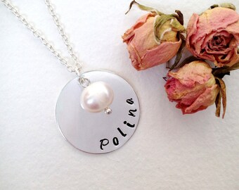 Women personalized necklace Sterling silver chain Personalized pearl necklace bridesmaid Hand stamped name necklace Custom mother necklace