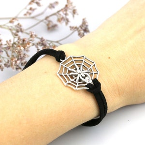 Spider charm bracelet Antique silver Spider web bangle Goth jewelry Teen boys girls gift Cobweb jewelry Friendship bracelet Faux suede cord image 2